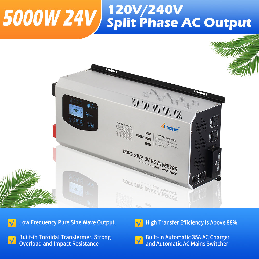 5000W DC 24V Split Phase Pure Sine wave Inverter with AC Charger