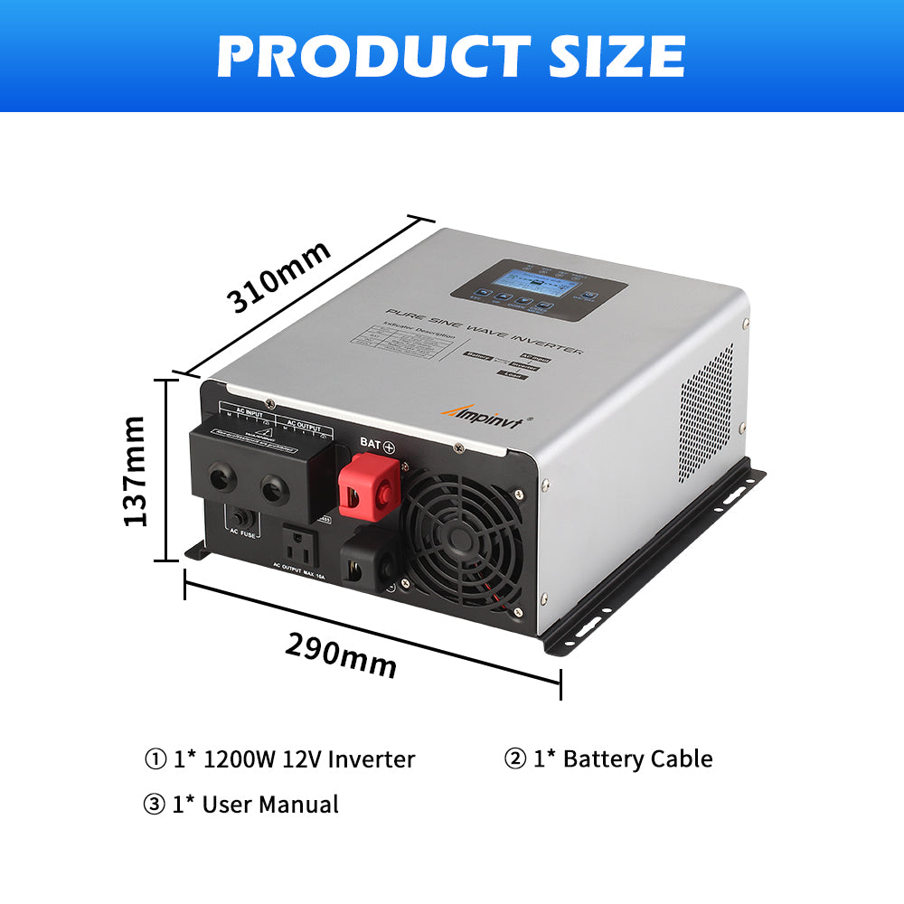 1200W DC 12V Pure Sine Wave Inverter with Charger,UPS Backup Power Inverter