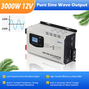 Inversor de potencia de onda sinusoidal pura de 3000 W CC y 12 V con cargador de CA 