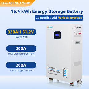 51.2V 320AH 16.4KWH Power Wall LiFePO4 Lithium Battery with 100A BMS with Bluetooth & WIFI Function